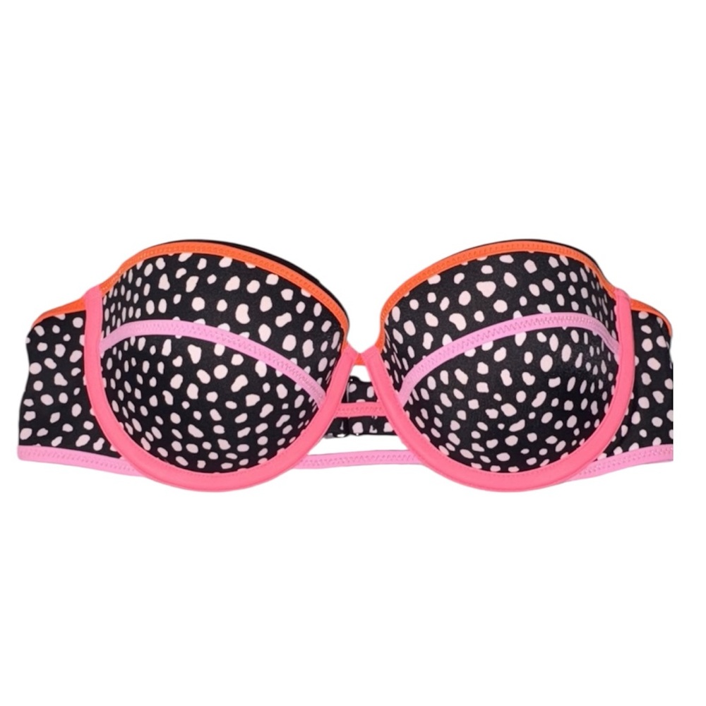 Victoria's Secret Black Polka Dot Bandeau Bikini Top with Pink & Orange Trim